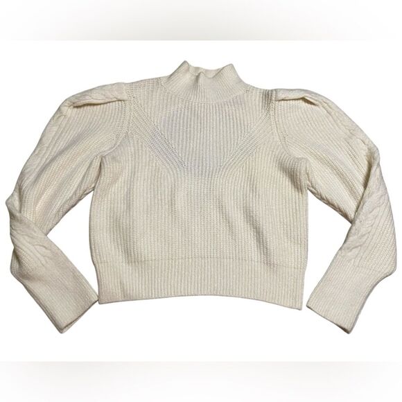 EXPRESS Ivory Mock Neck Back Cutout Puff Sleeve Cropped Sweater - Picture 4 of 8